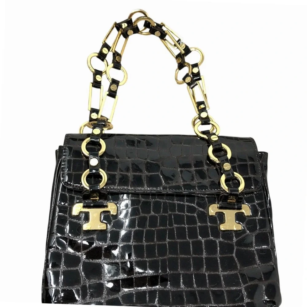 Tory Burch Retired Brown Croc Embossed Patent Leather Shoulder Bag Gold‎ Chain